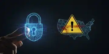 Digital lock with warning sign over US map, symbolizing cybersecurity breach alert