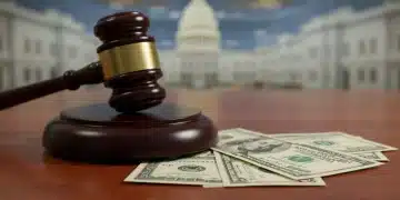 Gavel and money representing federal stimulus package discussions and economic decisions.