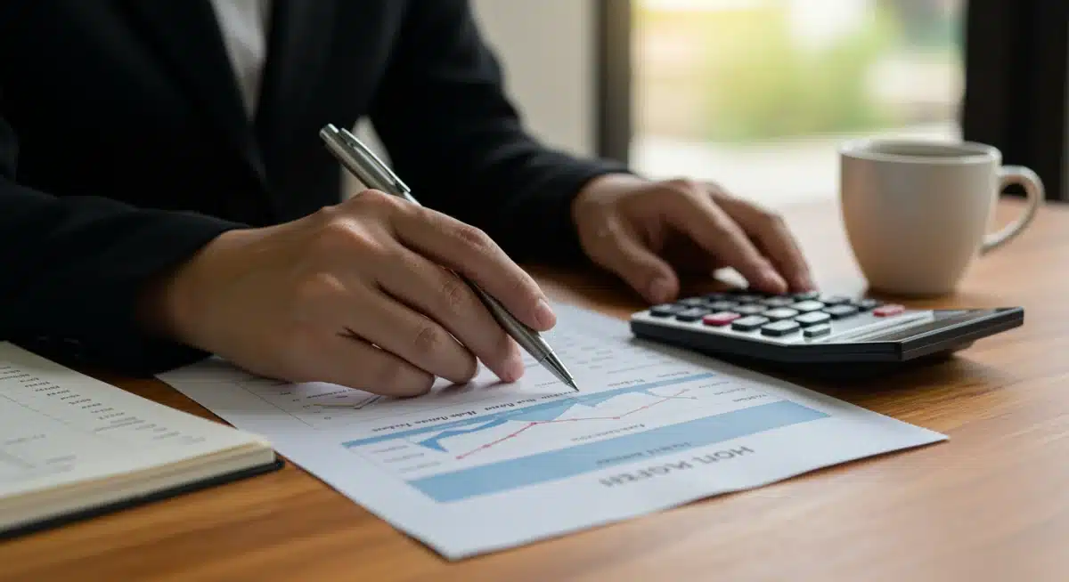 Person analyzing financial documents and calculating retirement contributions.