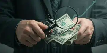 Hands examining dollar bills with a magnifying glass, symbolizing inflation's impact on savings.