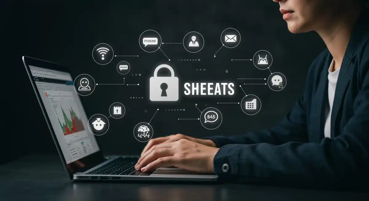 Individual protecting digital identity with laptop, cybersecurity threats surrounding