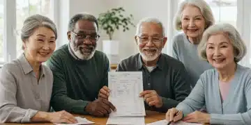 Seniors discussing Social Security benefits with financial documents