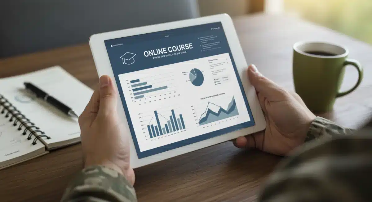 Veteran studying online on a tablet, exploring career development resources