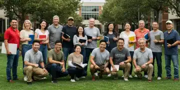 Veterans smiling on a university campus with textbooks, representing educational opportunities