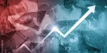 Financial charts showing upward growth with tech and green energy symbols