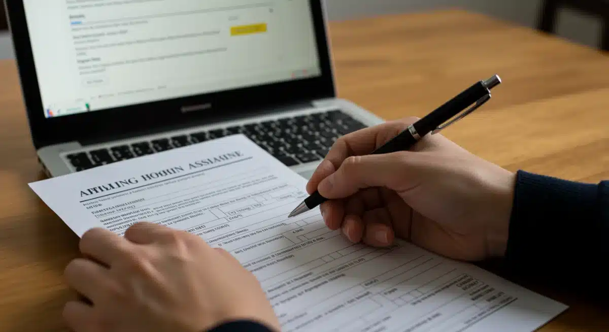 Hands filling out federal housing assistance application form with laptop