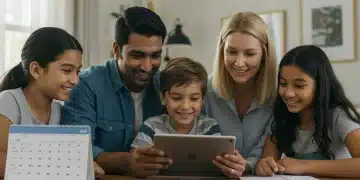 Family reviewing Child Tax Credit 2025 documents on a tablet for maximum benefit.