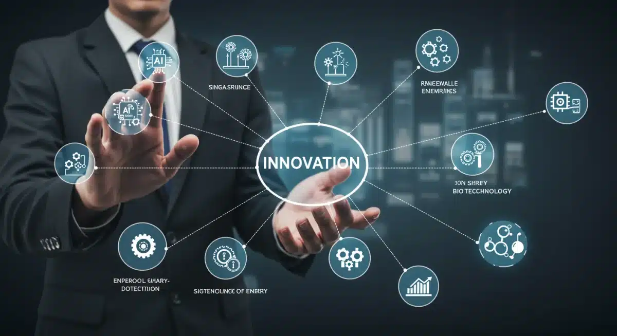 Interconnected graphic of high-growth sectors like AI, biotech, and renewable energy