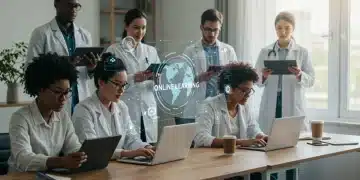 Professionals learning online on various devices for career growth in 2025