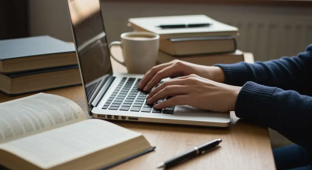 Student researching and writing scholarship applications