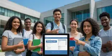 Students discussing 2025 FAFSA changes with digital tablet showing aid info