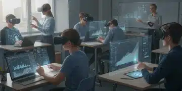 Students and teacher utilizing advanced education technology in a 2026 US classroom, featuring VR, AI, and interactive displays.