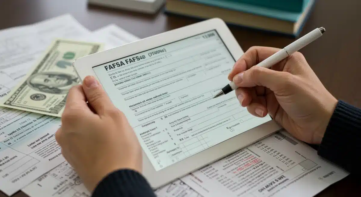 Hand filling out FAFSA form on tablet with financial documents