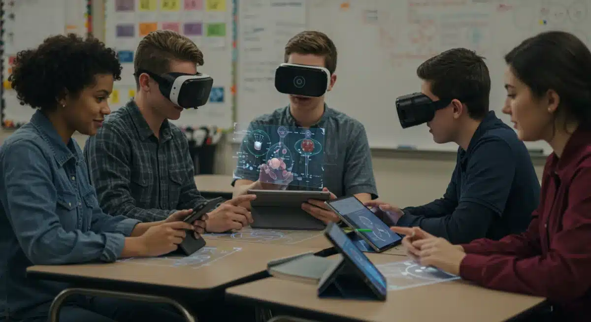 Diverse students using augmented reality for collaborative learning in a modern US classroom.