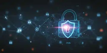 Digital padlock with shield, representing 2026 cybersecurity alerts and data protection