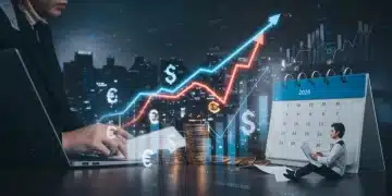 Charts and graphs illustrating economic trends for 2026, with a person analyzing financial data.