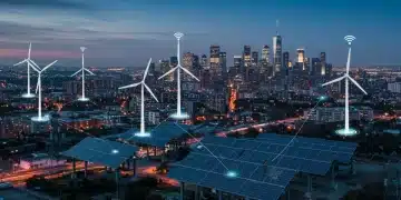 Modern energy grid with renewable sources and smart meters.