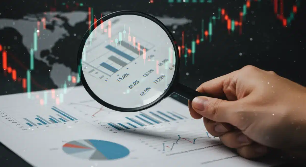 Magnifying glass examining financial documents with interest rate and inflation data.