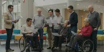 Group of diverse individuals discussing disability benefits documents in a bright community center.