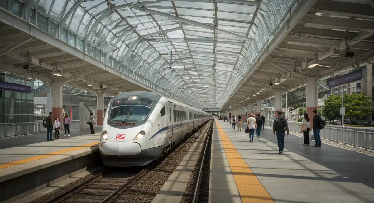 High-speed train at a modern urban public transit station, symbolizing improved and expanded public transportation options.
