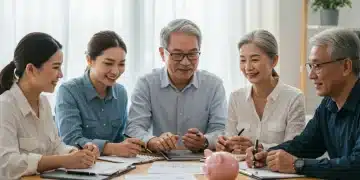 Diverse group planning retirement with financial documents and laptops for 2026 contributions