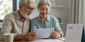 Senior couple reviewing 2026 financial documents, symbolizing retirement planning and Social Security COLA impact.
