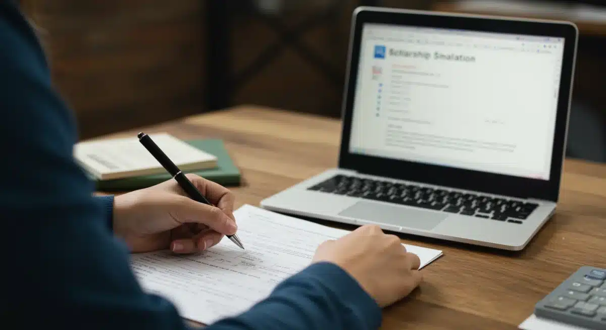Student diligently completing a scholarship application with a laptop showing search results.