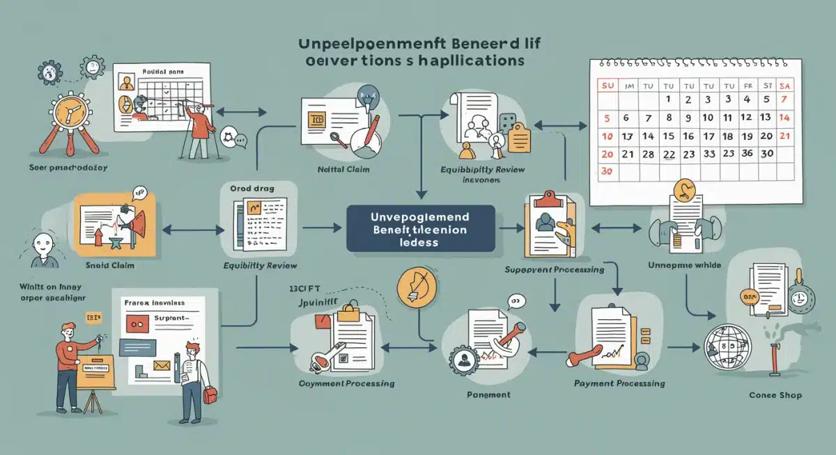 Infographic detailing the 2026 unemployment benefit application process and eligibility steps.