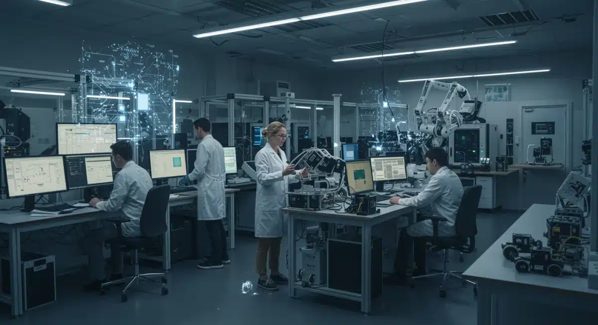 AI researchers collaborating on complex algorithms in a modern lab