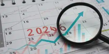 Financial calendar for 2026 with charts and magnifying glass, symbolizing capital gains tax planning.