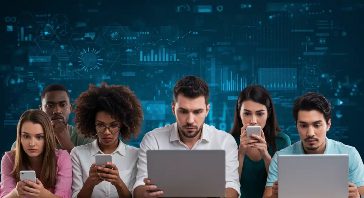 Concerned consumers viewing digital devices, representing data privacy issues.