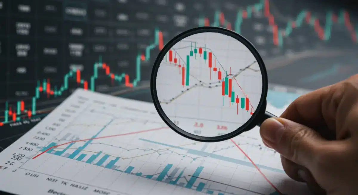 Hand with magnifying glass analyzing stock market chart, representing investment strategy.
