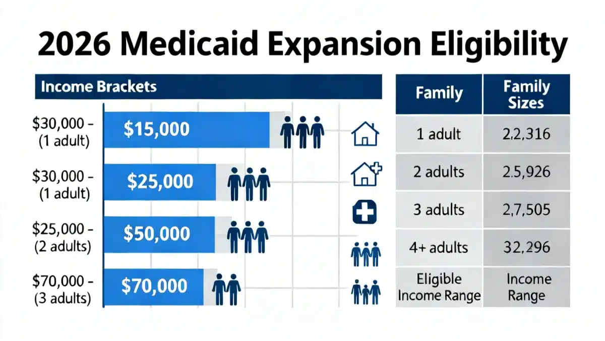 Infographic showing income and family size eligibility criteria for Medicaid in 2026.