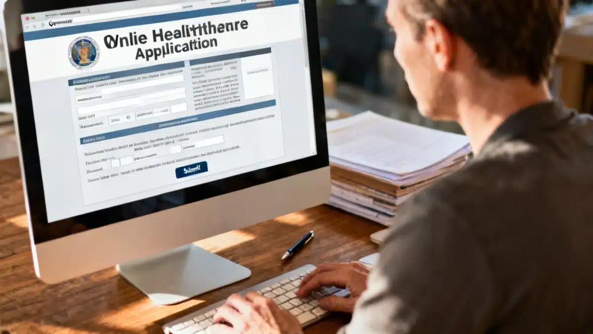 Person completing an online Medicaid application form on a computer.
