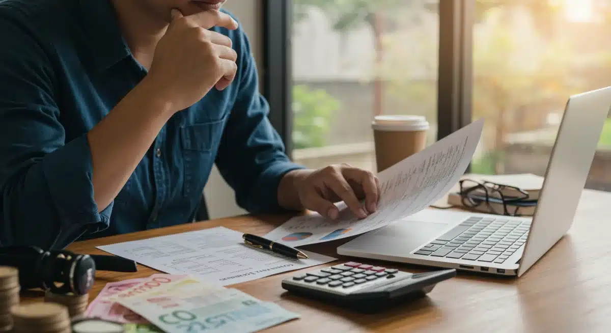 Person budgeting on laptop, surrounded by financial planning tools, depicting personal financial management.