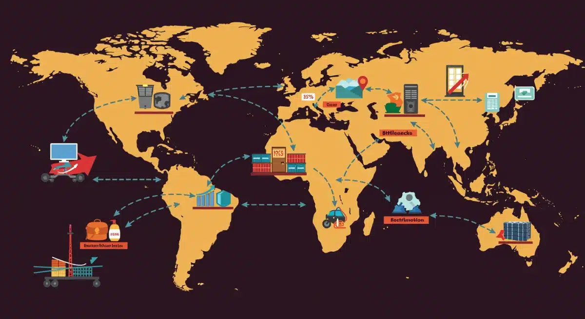 Complex supply chain network illustrating potential disruptions and cost increases from new trade agreements.
