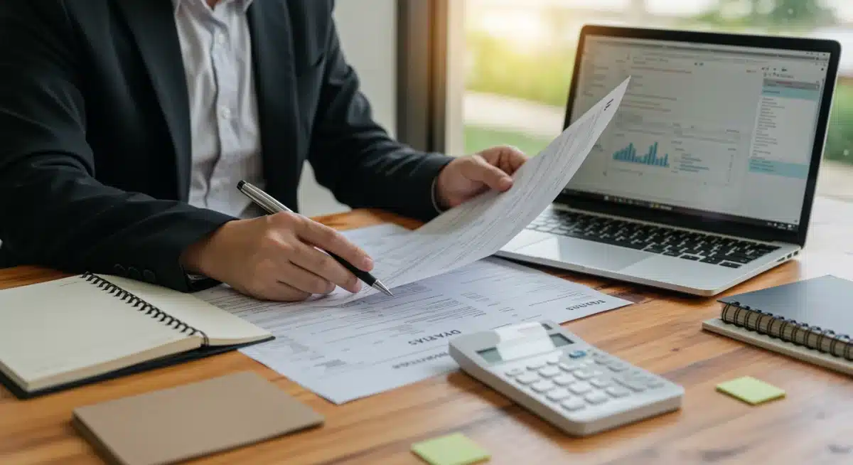 Individual meticulously reviewing tax documents and financial records for tax planning.