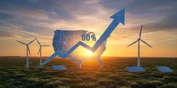 Infographic showing 10% increase in renewable energy adoption across the US in 2026, with solar panels and wind turbines.