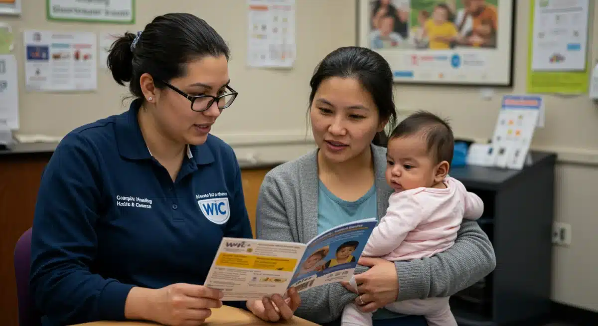 WIC counselor assisting mother with eligibility information