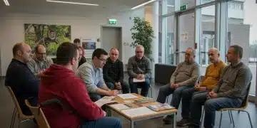 Diverse group discussing disability benefits in a supportive setting