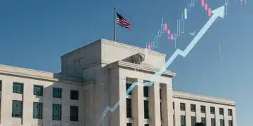 Federal Reserve building with financial charts indicating an interest rate hike.