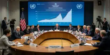 Global leaders discussing climate action at a summit with a focus on carbon reduction pledges.