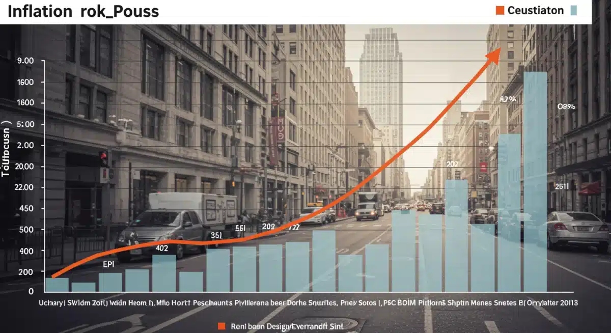 Inflation trend graph with economic indicators and city background.