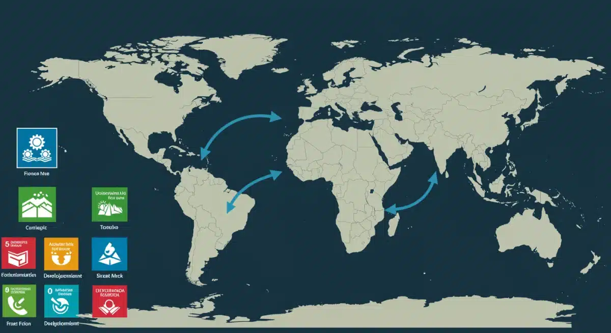 World map showing international climate finance distribution and sustainable development.
