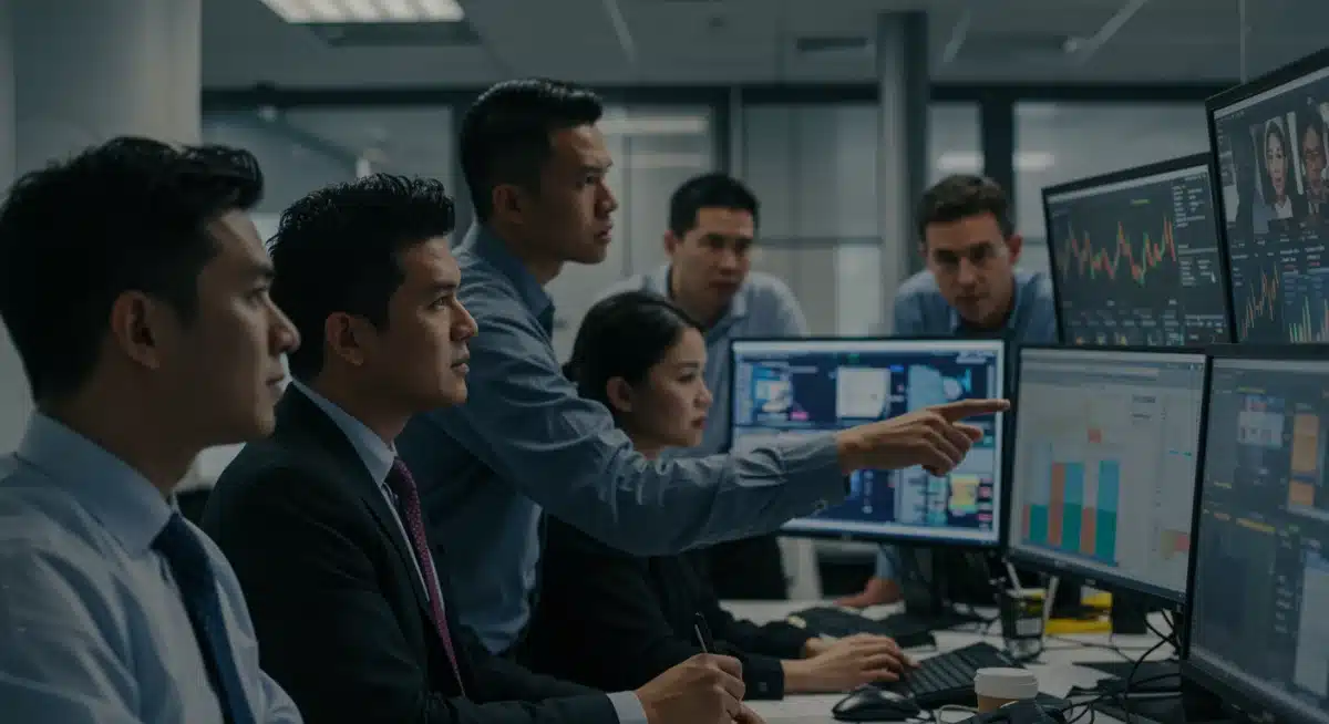 Financial professionals analyzing market data and discussing monetary policy.