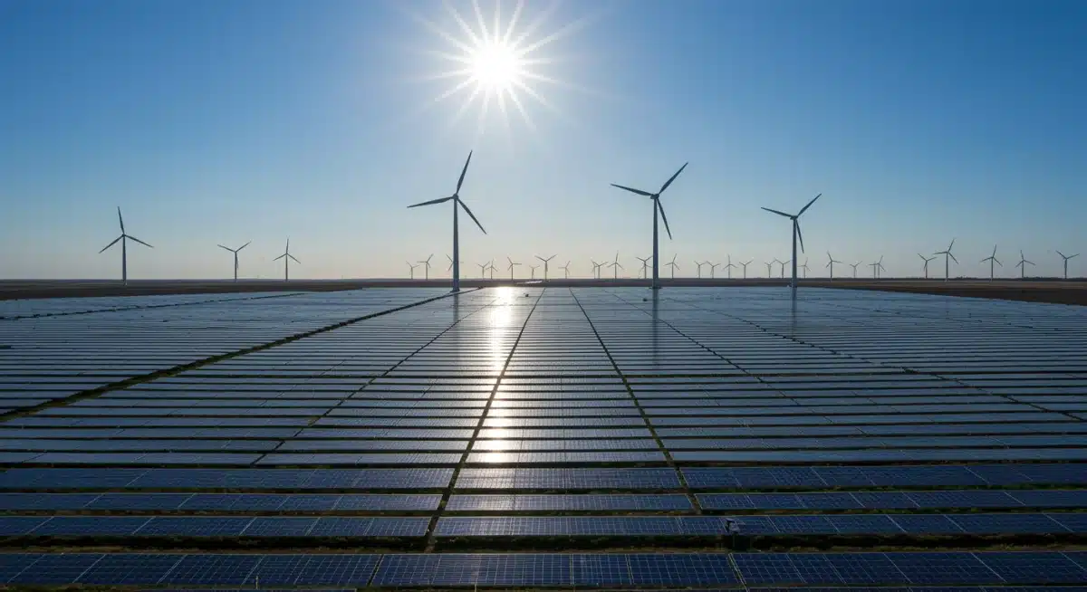 Large-scale solar farm and wind turbines, representing renewable energy investment growth.