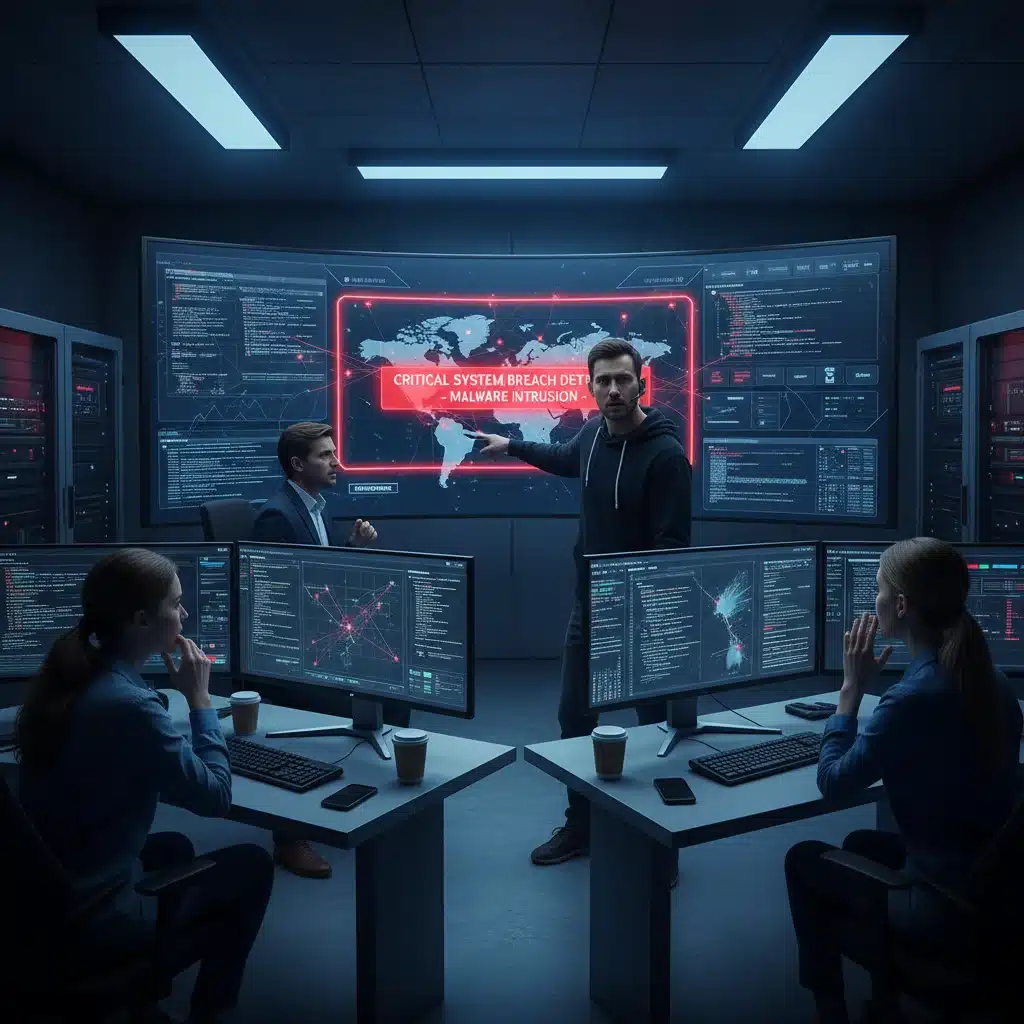 Cybersecurity analysts monitoring threat dashboards in a control room.