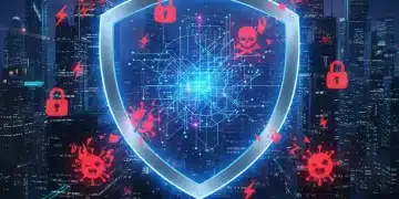 Digital shield protecting a network from cyber threats, symbolizing cybersecurity defense.