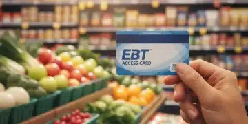 Hand holding EBT card in grocery store, symbolizing food assistance access