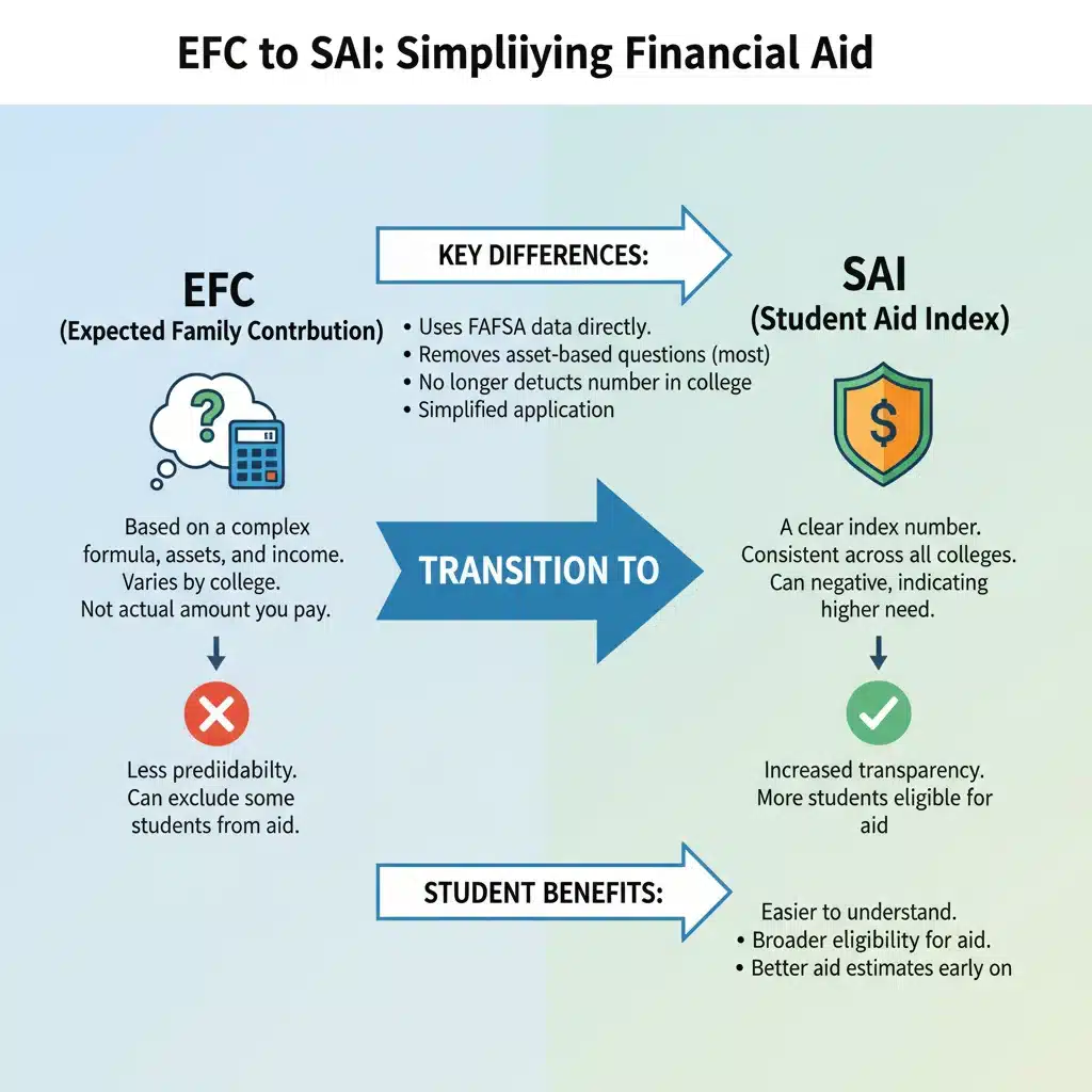 Infographic illustrating the shift from Expected Family Contribution (EFC) to Student Aid Index (SAI) in FAFSA.